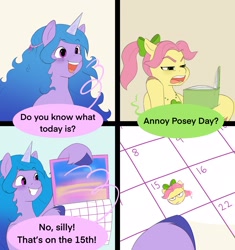 Size: 2222x2367 | Tagged: safe, artist:aztrial, izzy moonbow, posey (g5), earth pony, pony, unicorn, g5, annoy squidward day, annoyed, blushing, book, bow, calendar, comic, dialogue, employee of the month, frown, grin, hair bow, happy, jewelry, necklace, open mouth, open smile, posey bloom is not amused, smiling, spongebob squarepants, unamused, unshorn fetlocks