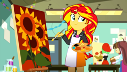 Size: 1920x1080 | Tagged: safe, screencap, sunset shimmer, human, equestria girls, g4, my little pony equestria girls: summertime shorts, the art of friendship, 1080p, cute, easel, flower, meme origin, paintbrush, painting, shimmerbetes, smiling, sunflower, sunset's painting