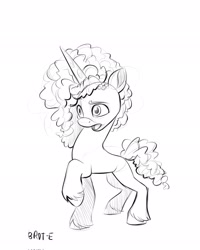 Size: 1638x2048 | Tagged: safe, artist:brdte, misty, pony, unicorn, g5, female, grayscale, mare, monochrome, open mouth, raised hoof, simple background, sketch, solo, white background