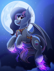 Size: 1900x2500 | Tagged: safe, artist:starcasteclipse, oc, oc only, bat pony, pony, commission, flying, glowing, glowing hooves, harness, jingle bells, moon, smiling, solo, tack, ych result