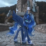 Size: 2000x2000 | Tagged: safe, artist:fritzst0rm, princess luna, alicorn, pony, eye reflection, eyelashes, eyeshadow, female, irl, looking at you, makeup, mare, photo, ponies in real life, raised hoof, reflection, smiling, solo, spread wings, wings