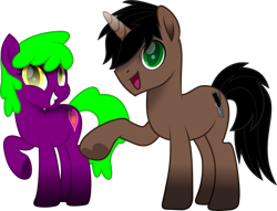 Size: 1768x1350 | Tagged: safe, artist:lincolnbrewsterfan, artist:luckreza8, derpibooru exclusive, oc, oc:dark driveology, oc:rose love, earth pony, unicorn, 2023 community collab, derpibooru community collaboration, .svg available, base used, black mane, black tail, brown, computer, couple, duo, earth pony oc, female, flower, gift art, green eyes, green mane, green tail, heart, hoof heart, horn, inkscape, looking at you, male, male and female, oc request, oc x oc, purple, raised hoof, request, requested art, rose, screwdriver, shipping, simple background, smiling, smiling at you, stallion oc, svg, tail, transparent background, underhoof, unicorn oc, vector, wrench, yellow eyes