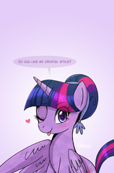Size: 1500x2261 | Tagged: safe, artist:tsudashie, twilight sparkle, alicorn, pony, the crystal empire 10th anniversary, crystallized, cutie mark, looking at you, one eye closed, simple background, smiling, spread wings, text, tongue out, twilight sparkle (alicorn), wings