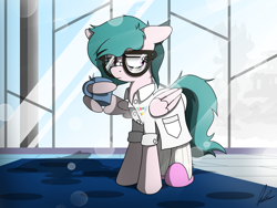 Size: 4000x3000 | Tagged: safe, artist:flaremoon, oc, oc:hazy breeze, pegasus, pony, clothes, cloudsdale, coffee, coffee mug, female, glasses, lab coat, laboratory, mare, mug, rainbow factory logo, slippers, socks, solo, tired, tired eyes, wing hands, wing hold, wings