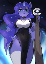Size: 2894x3977 | Tagged: safe, artist:yukomaussi, princess luna, alicorn, anthro, g4, breasts, busty princess luna, clothes, dress, female, high res, looking at you, looking down, looking down at you, low angle, sexy, sketch, solo, staff, stupid sexy princess luna