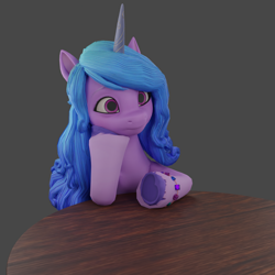 Size: 1920x1920 | Tagged: safe, izzy moonbow, pony, unicorn, g5, my little pony: a new generation, 3d, gray background, simple background, solo, table