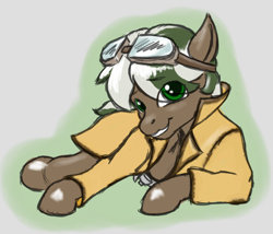 Size: 1050x900 | Tagged: safe, artist:trefoiler, oc, oc:bellamy, earth pony, pony, clothes, coat, colored, daybreak island, goggles, longcoat, looking at you, male, simple background, smiling, solo, stallion