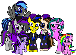 Size: 5924x4358 | Tagged: safe, artist:mrstheartist, oc, oc only, oc:knifeth storm, oc:ponyseb, oc:ruby belle, oc:seb the pony, oc:viola love, 2023 community collab, derpibooru community collaboration, female, filly, foal, group, male, mare, simple background, stallion, transparent background