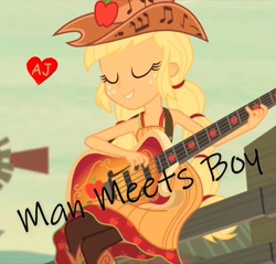 Size: 1321x1264 | Tagged: safe, edit, edited screencap, screencap, applejack, human, equestria girls, friendship games, album, album cover, background human, bass guitar, boots, clothes, fefe dobson, female, grin, musical instrument, party, shoes, singer, single, skirt, smiling, solo