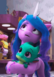 Size: 340x480 | Tagged: safe, screencap, izzy moonbow, sparky sparkeroni, dragon, pony, unicorn, g5, my little pony: make your mark, my little pony: make your mark chapter 3, winter wishday, spoiler:g5, spoiler:winter wishday, animated, cropped, distracted, lights, looking up, loop, reversed, shelf, tapping