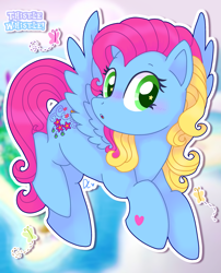 Size: 2087x2579 | Tagged: safe, artist:anscathmarcach, artist:daylightsketch, thistle whistle, butterfly, pegasus, pony, g3, g4, butterfly island, female, flying, g3 to g4, generation leap, high res, looking at you, mare, solo, sunny scent pony