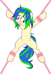 Size: 3304x4750 | Tagged: safe, artist:equestria secret guard, oc, oc only, oc:ravebounce, earth pony, pony, armpits, belly button, bondage, earth pony oc, featureless crotch, female, helpless, lying down, mare, rope, rope bondage, sexy, show accurate, simple background, solo, spread eagle, spread legs, spreading, tied up, transparent background