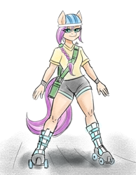 Size: 1400x1800 | Tagged: safe, artist:zachc, sunny starscout, earth pony, anthro, g5, clothes, female, helmet, looking at you, roller skates, shirt, shorts, simple background, solo, white background