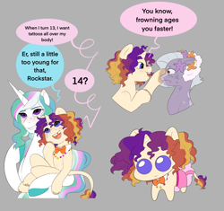 Size: 2546x2390 | Tagged: safe, artist:aztrial, princess celestia, oc, oc:evening glow, oc:limelight sugarplum, alicorn, classical unicorn, earth pony, pony, unicorn, g4, autism creature, bowtie, clothes, cloven hooves, colored hooves, facial markings, female, filly, flower, flower in hair, foal, freckles, gray background, high res, horn, jewelry, leonine tail, looking at each other, looking at someone, magical lesbian spawn, necklace, offspring, parent:babs seed, parent:cheerilee, parent:princess celestia, parent:silver spoon, parents:babspoon, parents:cheerilestia, simple background, skirt, speech bubble, sweat, sweatdrop, text, tooth gap, tutu, unshorn fetlocks