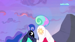 Size: 1366x768 | Tagged: safe, screencap, princess celestia, princess luna, alicorn, pony, between dark and dawn, ass up, butt, cartoonito logo, cutie mark, duo, duo focus, ethereal mane, evening, face down ass up, female, folded wings, logo, majestic as fuck, mare, moonbutt, out of context, plot, praise the moon, praise the sun, royal sisters, siblings, sisters, sunbutt, tail, tail bun, wings