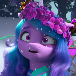 Size: 650x650 | Tagged: safe, screencap, izzy moonbow, pony, unicorn, g5, my little pony: make your mark, my little pony: make your mark chapter 3, winter wishday, spoiler:g5, spoiler:winter wishday, cropped, female, floral head wreath, flower, mare, snow, snowfall, solo