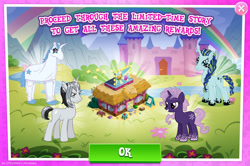 Size: 1958x1298 | Tagged: safe, gameloft, idw, black belle, dyre, grackle, shadow storm, violet shiver, human, pony, unicorn, g4, my little pony: generations, my little pony: magic princess, apple, book, braid, braided tail, building, burger, bush, clothes, costume, disguise, ear piercing, earring, english, female, food, group, hay burger, horn, idw showified, jagged horn, jewelry, limited-time story, male, mare, mobile game, piercing, restaurant, river, sign, stallion, stool, stream, tail, text, water