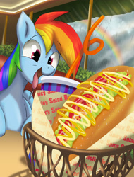 Size: 2480x3257 | Tagged: safe, artist:neoshrek, rainbow dash, pegasus, pony, drink, female, food, mare, open mouth, open smile, rain, rainbow, smiling, solo, tongue out