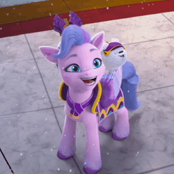 Size: 600x600 | Tagged: safe, screencap, cloudpuff, queen haven, dog, flying pomeranian, pegasus, pomeranian, pony, g5, my little pony: make your mark, my little pony: make your mark chapter 3, winter wishday, spoiler:g5, spoiler:winter wishday, adorahaven, animated, blue eyes, clothes, cloudbetes, cropped, cute, excited, female, gif, happy, horses doing horse things, i watch it for the ears, mare, snow, snowfall, spread wings, tippy taps, winged dog, wings, winter outfit