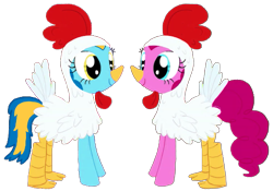 Size: 523x366 | Tagged: safe, artist:heil ric, pinkie pie, oc, oc:general mumble, bird, chicken, earth pony, pony, g4, animal costume, chicken pie, chicken suit, clothes, costume, duo, female, looking at each other, looking at someone, mare, nightmare night costume, simple background, smiling, transparent background, youtube link