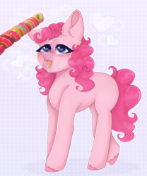 Size: 2000x2400 | Tagged: safe, artist:saltyvity, pinkie pie, earth pony, pony, g4, big eyes, blue eyes, blushing, candy, cute, ear fluff, face licking, fluffy, food, heart, heart eyes, high res, licking, licking lips, lollipop, misleading thumbnail, missing cutie mark, not porn, pink hair, solo, sparkles, tongue out, wingding eyes