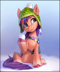 Size: 1203x1448 | Tagged: safe, artist:ramiras, sunny starscout, earth pony, pony, g5, my little pony: make your mark, my little pony: make your mark chapter 3, winter wishday, spoiler:g5, spoiler:winter wishday, bag, belly, chest fluff, clothes, coat markings, concave belly, cute, ear fluff, female, hat, hoof hold, leg fluff, looking sideways, mane stripe sunny, mare, saddle bag, sitting, slender, snow, snowball, snowfall, socks (coat markings), solo, sunnybetes, thin, unshorn fetlocks, winter, winter hat, winter outfit