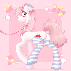 Size: 1010x1000 | Tagged: safe, artist:rtootb, nurse redheart, earth pony, pony, g4, blushing, butt, clothes, collar, confused, dock, embarrassed, female, floating heart, heart, leash, looking at you, looking back, looking back at you, loose hair, medic, nurse redbutt, pills, plot, raised tail, rear view, simple background, socks, solo, stockings, striped socks, tail, tail aside, thigh highs