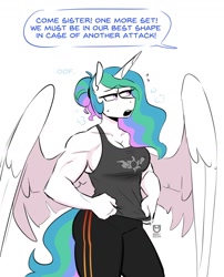 Size: 1042x1292 | Tagged: safe, artist:redxbacon, princess celestia, alicorn, anthro, biceps, breasts, busty princess celestia, cleavage, clothes, dialogue, female, hair bun, implied princess luna, muscles, muscular female, offscreen character, open mouth, panting, pants, princess musclestia, simple background, solo, speech bubble, sweat, sweatpants, tanktop, white background