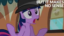 Size: 1280x720 | Tagged: safe, edit, edited screencap, editor:quoterific, screencap, twilight sparkle, pony, unicorn, g4, mmmystery on the friendship express, bowler hat, confused, detective, female, friendship express, hat, mare, open mouth, reaction image, shrug, solo, train, unicorn twilight