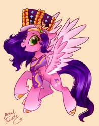 Size: 1074x1368 | Tagged: safe, artist:petaltwinkle, pipp petals, pegasus, pony, g5, my little pony: make your mark, my little pony: make your mark chapter 3, winter wishday, spoiler:g5, spoiler:winter wishday, adorapipp, alternate design, backwards cutie mark, clothes, colored wings, cute, eyebrows, female, hat, jewelry, looking at you, mare, open mouth, open smile, raised hoof, scarf, signature, simple background, slender, smiling, smiling at you, solo, spread wings, thin, tiara, two toned wings, wings, winter hat, yellow background