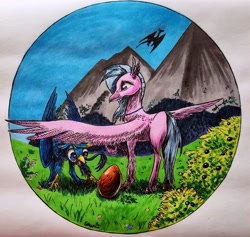 Size: 2891x2735 | Tagged: safe, artist:cahandariella, gallus, silverstream, classical hippogriff, dragon, griffon, hippogriff, g4, blueberry, egg, female, food, high res, implied smolder, inktober, large wings, male, mountain, mountain range, parent:smolder, ship:gallstream, shipping, simple background, straight, traditional art, wings
