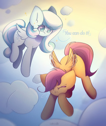 Size: 1900x2250 | Tagged: safe, artist:miryelis, scootaloo, oc, oc:snowdrop, pegasus, pony, cloud, flying, full body, scootaloo can fly, simple background, smiling, text, wings