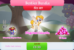 Size: 1270x856 | Tagged: safe, gameloft, idw, golden feather, princess celestia, pegasus, pony, rabbit, g4, my little pony: magic princess, animal, braid, braided tail, bundle, costs real money, crystal, disguise, english, female, gem, idw showified, jewelry, mare, numbers, pillow, sale, solo, spread wings, tail, text, tiara, wings