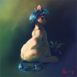 Size: 4096x4096 | Tagged: safe, artist:alumx, earth pony, pony, g5, back, background pony, blue eyes, blue mane, blushing, butt, carrot, female, food, lookie uppie, looking at you, mare, painting, plot, simple background, solo