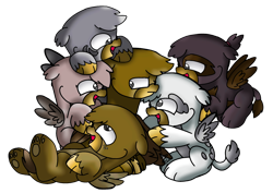 Size: 2220x1576 | Tagged: safe, artist:beesmeliss, oc, oc only, oc:garrson, oc:gracen, oc:gradesen, oc:greerelta, oc:gregory, oc:greysen, oc:gustavo, griffon, chibi, female, male, simple background, transparent background