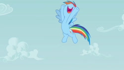 Size: 3072x1727 | Tagged: safe, screencap, rainbow dash, pegasus, pony, g4, season 2, the mysterious mare do well, cloud, female, flying, high res, looking up, mare, nose in the air, open mouth, open smile, sky, smiling, solo, spread wings, volumetric mouth, wings