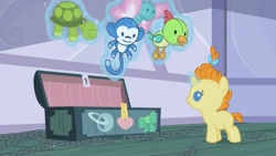 Size: 3072x1727 | Tagged: safe, screencap, pumpkin cake, pony, unicorn, baby cakes, g4, my little pony: friendship is magic, season 2, baby, baby pony, doll, female, filly, foal, high res, magic, magic aura, smiling, solo, telekinesis, toy