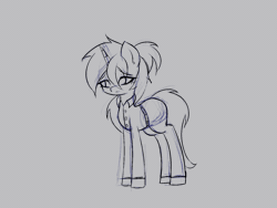 Size: 1440x1080 | Tagged: safe, artist:menalia, oc, oc only, oc:freezy coldres, pony, unicorn, angry, animated, clothes, female, gif, gray background, horn, mare, pants, ponytail, sad, shirt, shoes, simple background, sketch, solo, wip