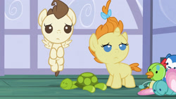 Size: 3072x1727 | Tagged: safe, screencap, pound cake, pumpkin cake, pegasus, pony, unicorn, baby cakes, g4, season 2, baby, baby pony, cake twins, colt, doll, duo, duo male and female, female, filly, flying, foal, frown, high res, male, siblings, spread wings, toy, twins, wings