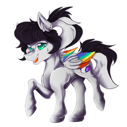 Size: 1200x1200 | Tagged: safe, artist:dankpegasista, oc, oc:lunar dash, pegasus, pony, 2023 community collab, derpibooru community collaboration, accessory, bangs, colored wings, concave belly, detailed, digital art, ear piercing, female, folded wings, green eyes, heart eyes, looking at you, mare, multicolored wings, piercing, png, ponytail, rainbow wings, raised hoof, shading, simple background, solo, standing, tattoo, three quarter view, transparent background, wings
