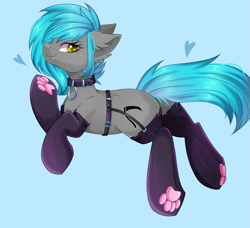 Size: 1033x942 | Tagged: safe, artist:arllistar, oc, oc:sorajona, oc:sorajona darkwing, pegasus, pony, belt, butt, clothes, collar, collar ring, cute, fluffy, garter belt, grey fur, heart, kneesocks, paw pads, paw socks, paws, plot, scene hair, smiling, smirk, socks, solo, stockings, thigh highs, wingless, yellow eyes