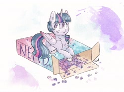 Size: 4096x3035 | Tagged: safe, artist:lightisanasshole, twilight sparkle, alicorn, pony, g4, box, candy, chest fluff, food, smiling, solo, twilight sparkle (alicorn)