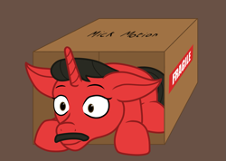 Size: 1481x1052 | Tagged: safe, artist:maître cervidé, pony, unicorn, box, commission, facial hair, moustache, pony in a box, simple background, solo, ych result