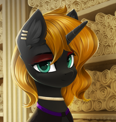 Size: 1900x2000 | Tagged: safe, artist:inowiseei, oc, oc only, oc:melting point, pony, unicorn, bust, ear fluff, ear piercing, earring, eyeshadow, female, horn, jewelry, library, looking at you, makeup, mare, piercing, portrait, scroll, solo, unicorn oc