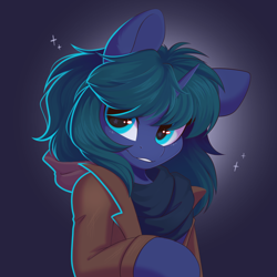 Size: 4096x4096 | Tagged: safe, artist:kebchach, oc, oc only, oc:arclight, pony, unicorn, absurd resolution, bust, clothes, female, gradient background, hair over one eye, jacket, leather, leather jacket, looking at you, mare, scarf, smiling, solo, starry eyes, wingding eyes