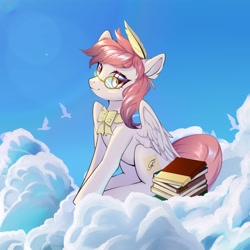 Size: 3000x3000 | Tagged: safe, artist:myriadstar, oc, oc only, oc:芳棠, pegasus, pony, book, bowtie, cloud, female, glasses, high res, mare, quill, solo