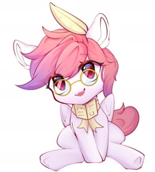Size: 1545x1710 | Tagged: safe, artist:myriadstar, oc, oc only, oc:芳棠, pegasus, pony, bowtie, female, glasses, looking at you, mare, quill, simple background, solo, white background