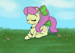 Size: 2048x1444 | Tagged: safe, artist:suryfromheaven, posey bloom, earth pony, pony, g5, my little pony: a new generation, my little pony: tell your tale, adoraposey, calm, cute, eyes closed, female, grass, grass field, lying down, mare, relaxing, ribbon, sleeping, sleepy, smiling, solo, wind