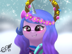 Size: 3200x2400 | Tagged: safe, artist:_cobalttuelatte, izzy moonbow, pony, unicorn, g5, my little pony: make your mark, winter wishday, spoiler:g5, bust, clothes, female, headdress, high res, portrait, scarf, snow, snowfall, two toned mane