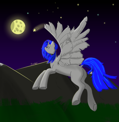 Size: 4000x4120 | Tagged: safe, artist:tombays, oc, oc:karite, alicorn, pony, alicorn oc, curved horn, full body, full moon, horn, moon, mountain, night, shooting star, signature, wings